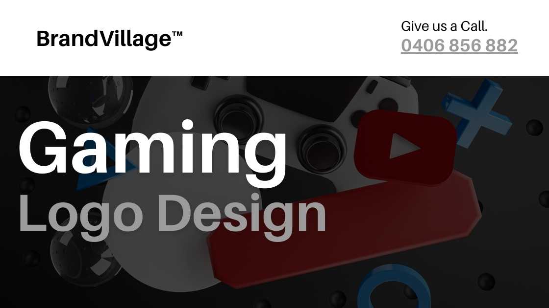 BrandVillage™ promotional image showcasing a game controller with a play button. Text reads: 'Gaming Logo Design'. Contact details displayed.